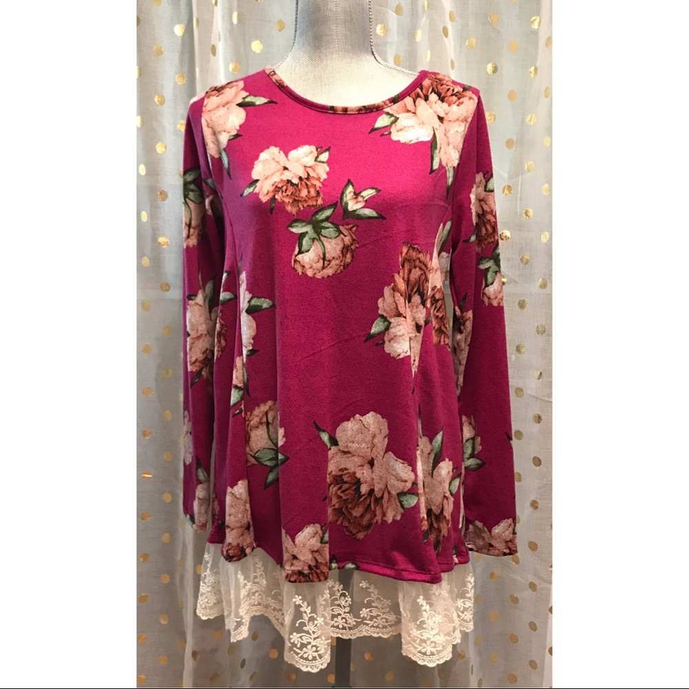 GS - Pink Floral Long Sleeve Sweater with Lace Hem